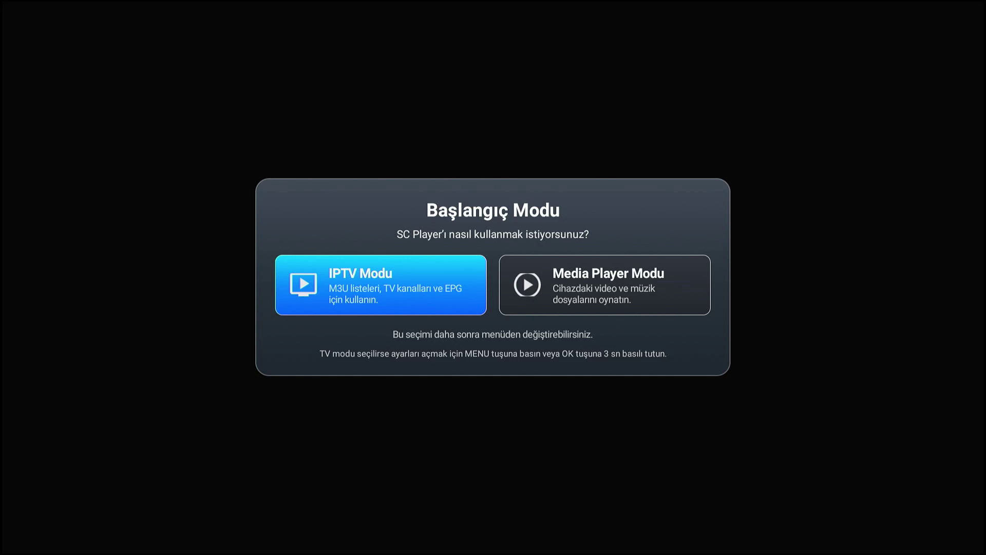 Başlangıç mod seçimi